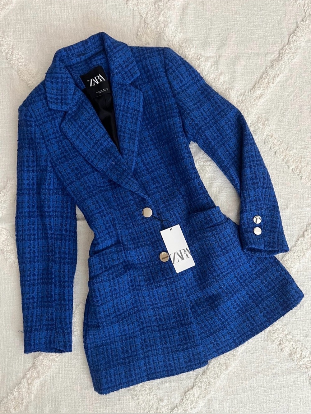 Zara Royal Blue Tweed Longline Blazer Jacket